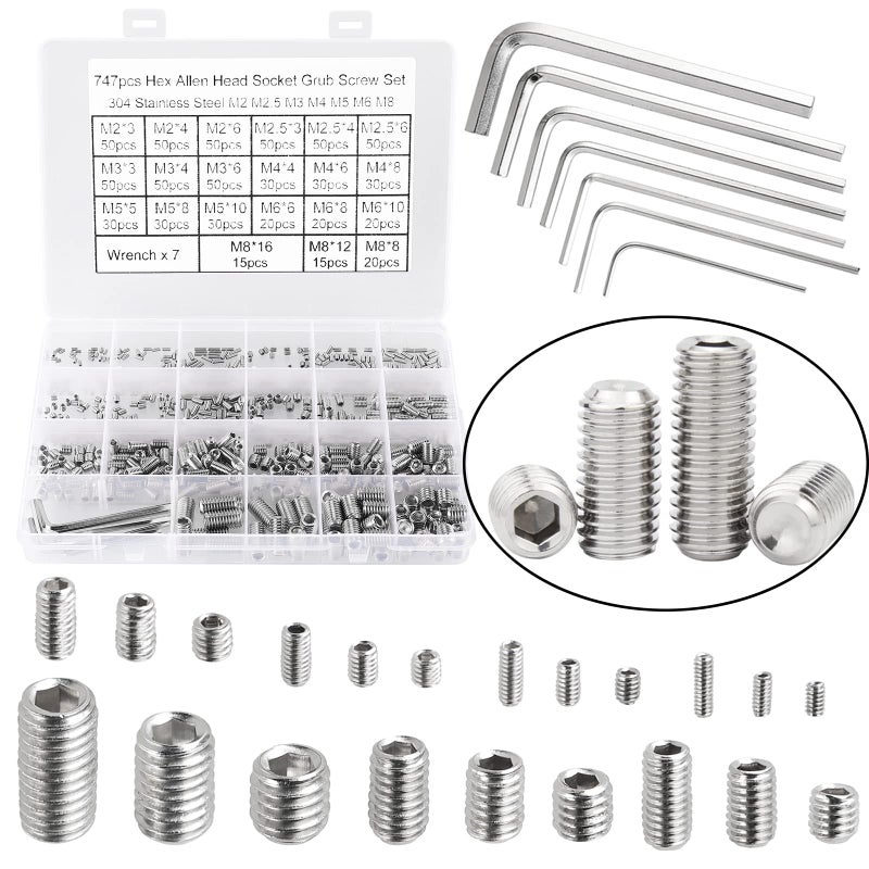 HanTof 747Pcs M2/M2.5/M3/M4/M5/M6/M8 Metric Hex Socket Head Cup Point Set Screws, Allen Head Grub Screws, Internal Hex Drive Headless Set Screws Assortment Kit with 7Pcs Hex Keys, 304 Stainless Steel - Image 1